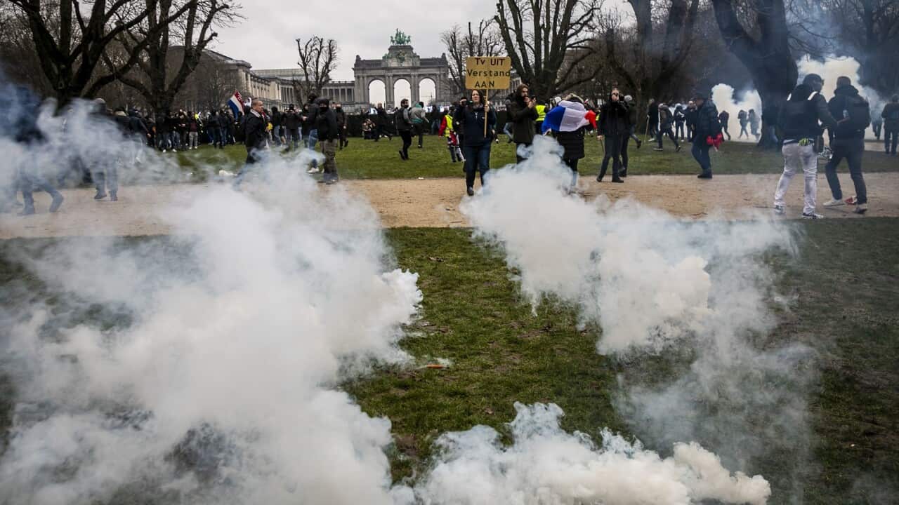 A protest in Brussels against measures imposed by public authorities in Belgium and other European cities