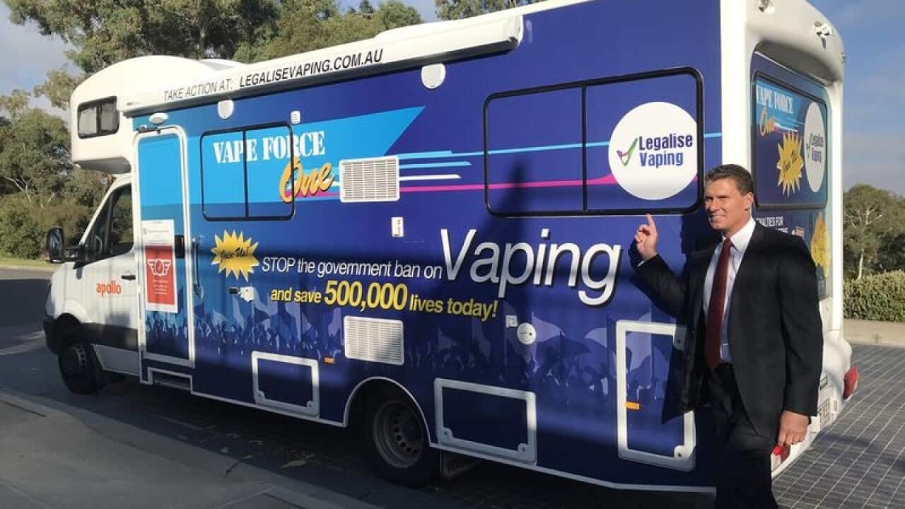 Senator Cory Bernardi with 'Vape Force One'