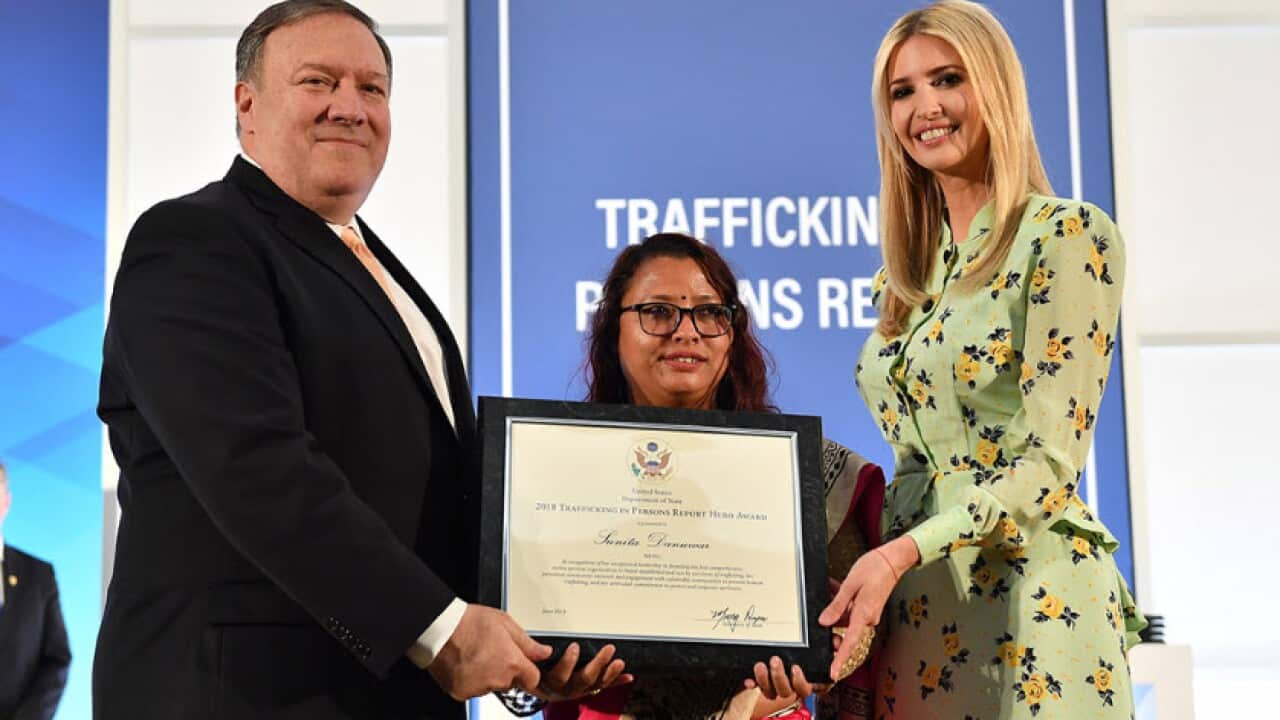 Nepali activist Sunita Danuwar (center) receiving Trafficking in Persons Hero 2018 award from US Secretary of State Mike Pompeo (left) and Ivanka Trump, adviser to US President (right)
