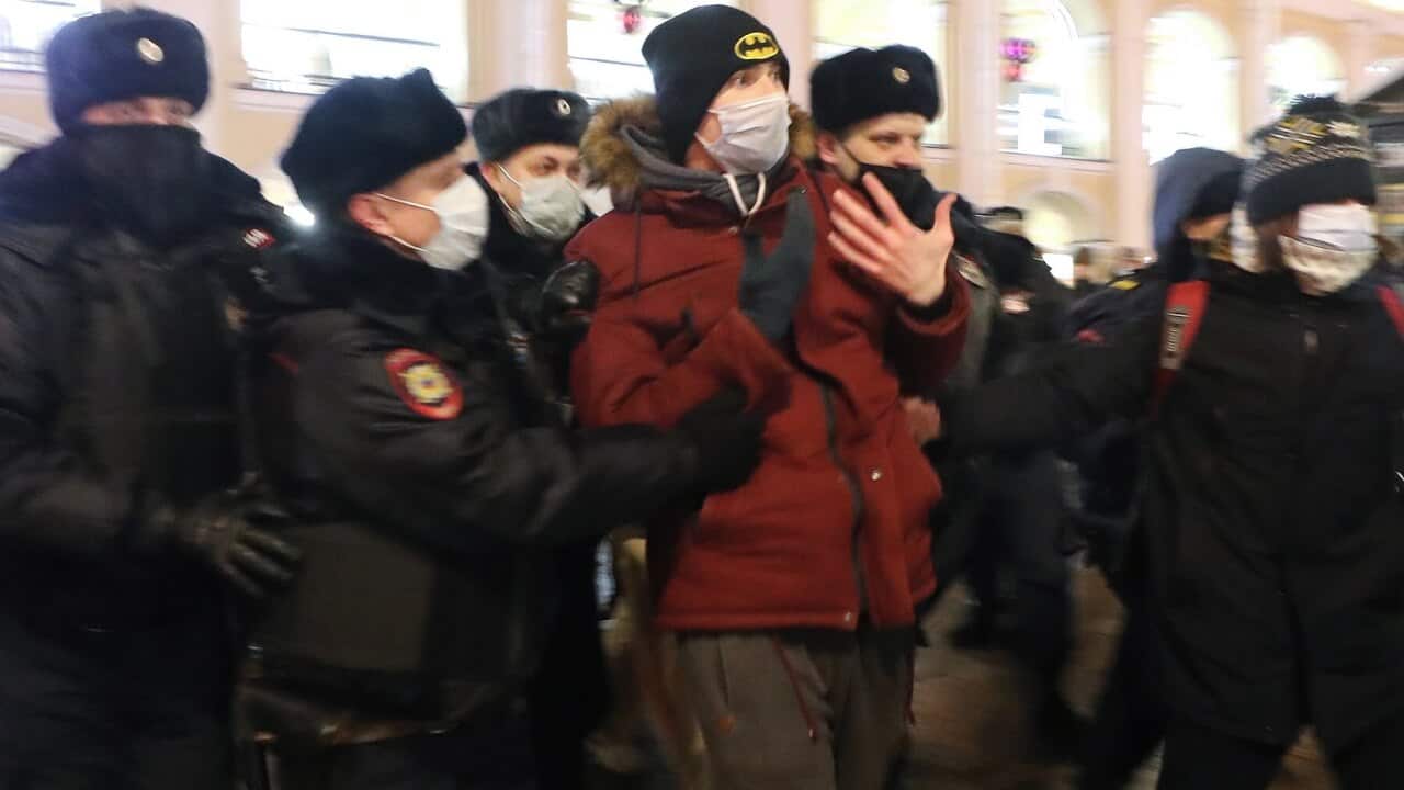 Police officers detain a supporter of Russian opposition activist Alexei Navalny in St Petersburg