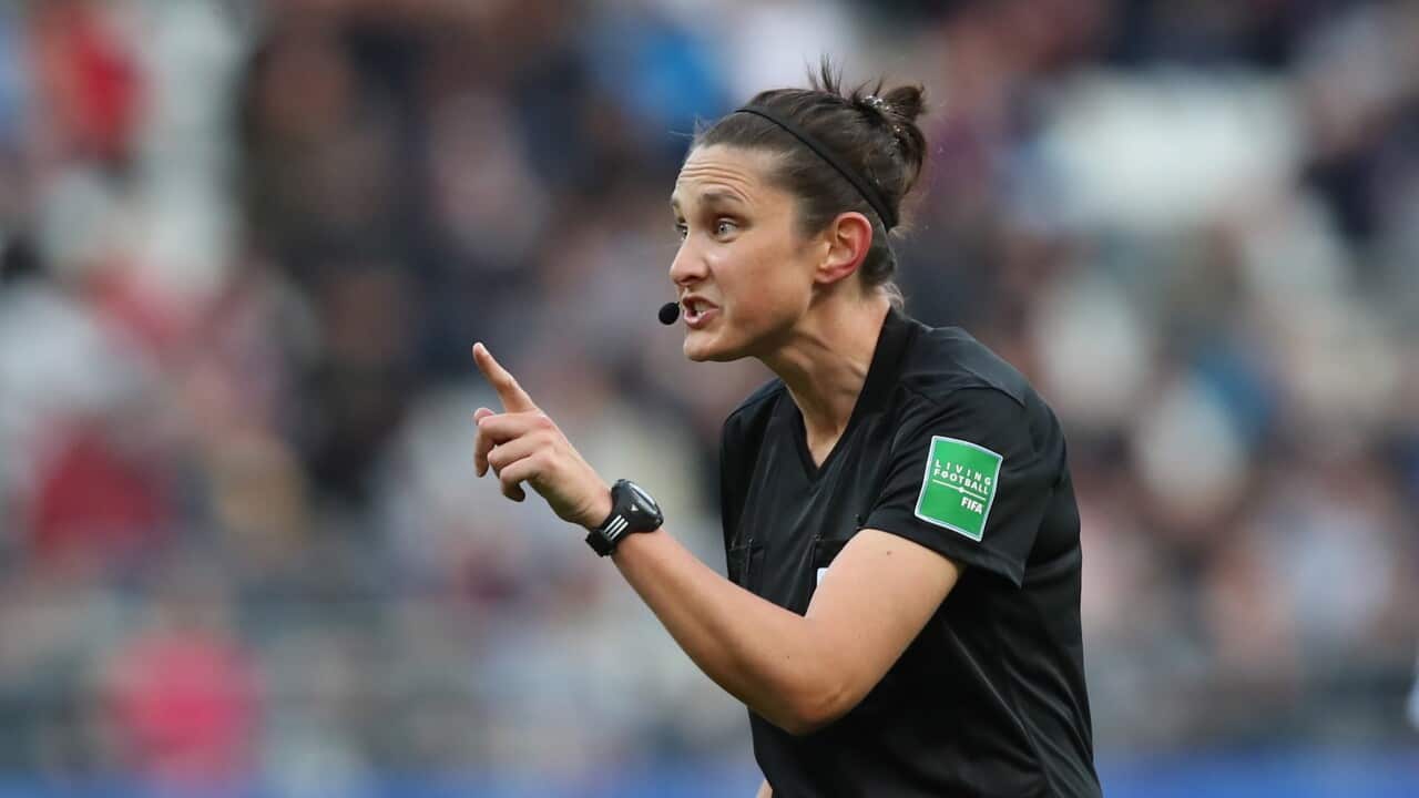 Referee Kate Jacewicz of Australia reacts during the preliminary round match between Norway and Nigeria at the FIFA Women's World Cup 2019.