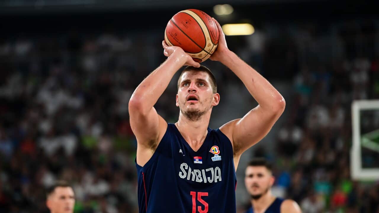 Nikola Jokic of Serbia in action during the International Friendly basketball match between Slovenia and Serbia