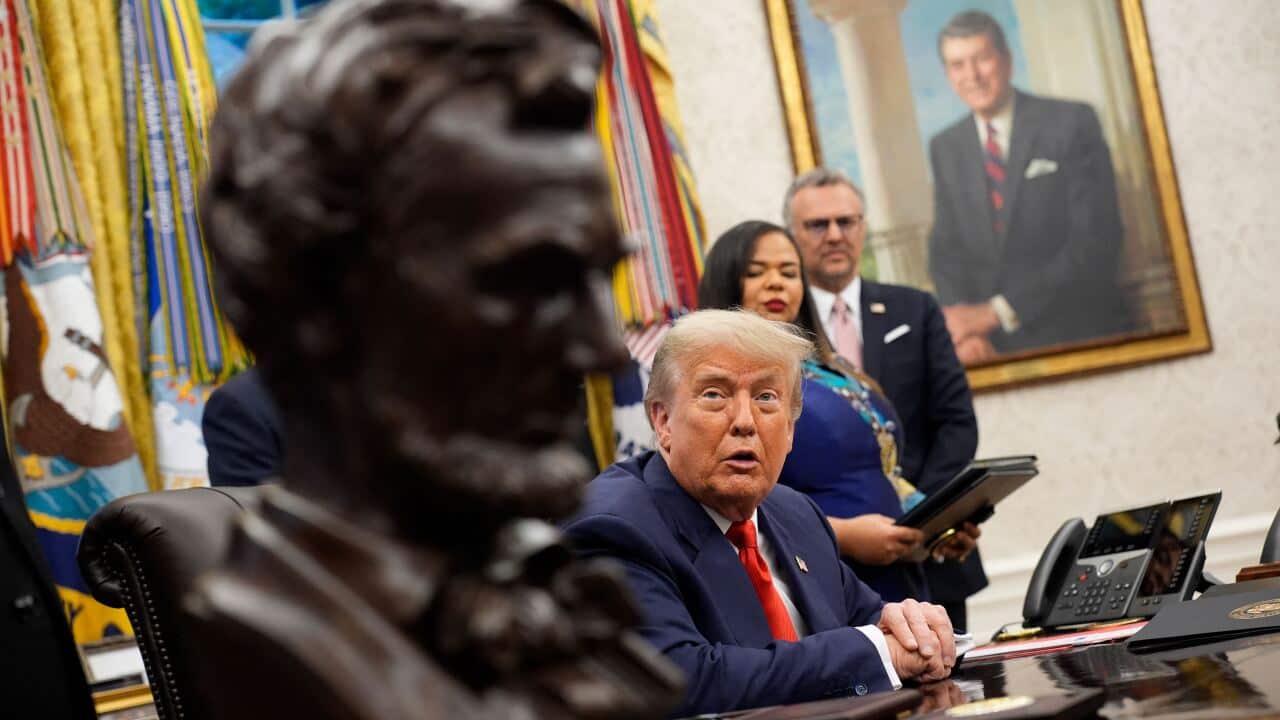 US President Donald Trump with DRC Foreign Minister Therese Kayikwamba Wagner (R) and Rwandan Foreign Minister Olivier Nduhungirehe in White House in Washington, DC, USA on June 27, 2025