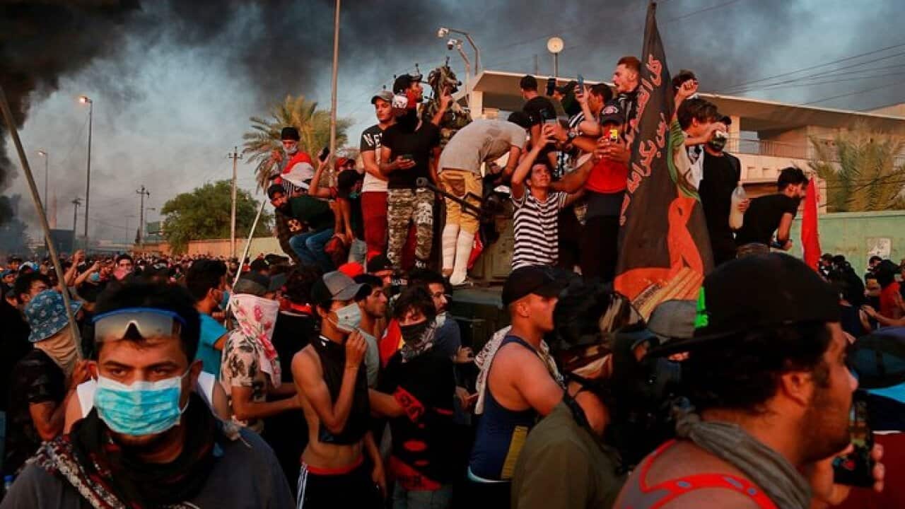 Anti-government protesters in Baghdad, Iraq.