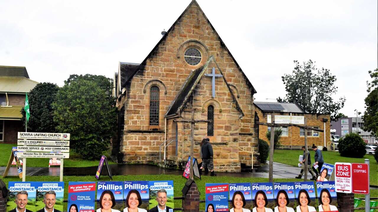 Conflutes are seen outside a pre polling station on Day 29 of the 2022 federal election campaign, in Nowra, in the seat of Gilmore. Monday, May 9, 2022.
