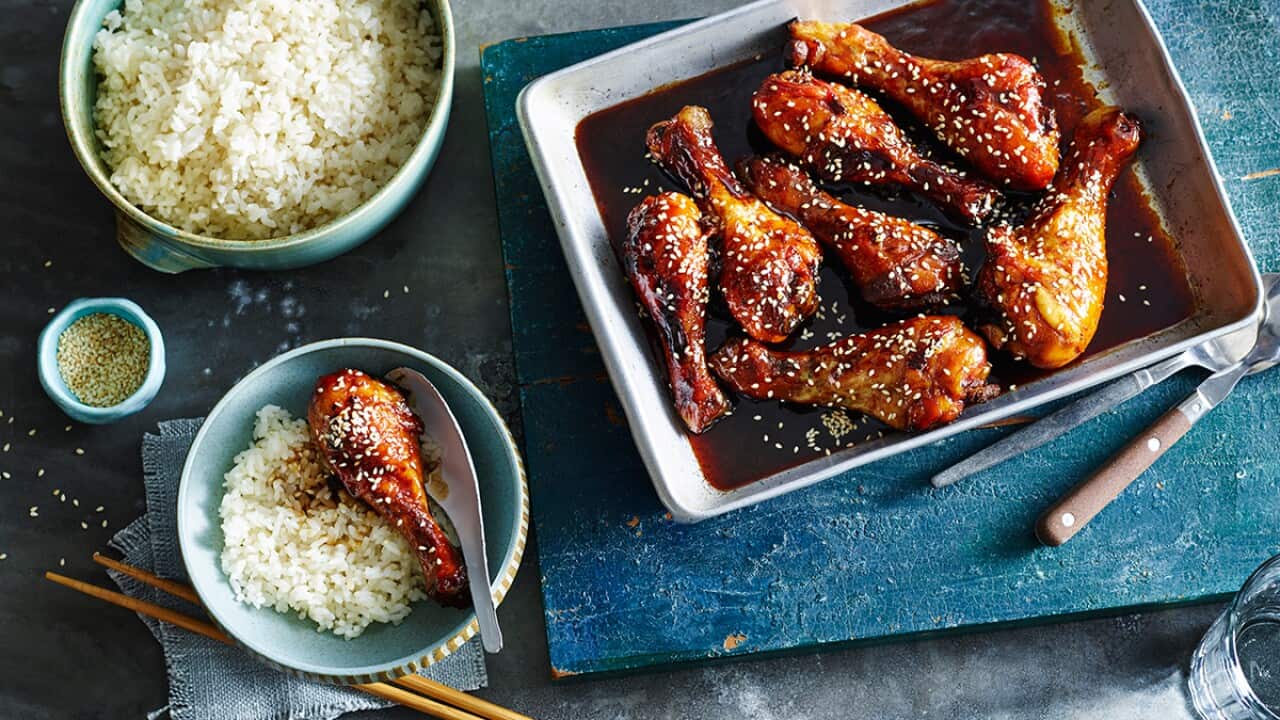Asian Honey soy chicken drumsticks with coconut cream rice