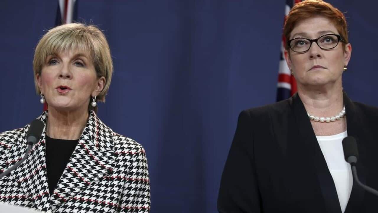 Julie Bishop and Marise Payne at a press conference.
