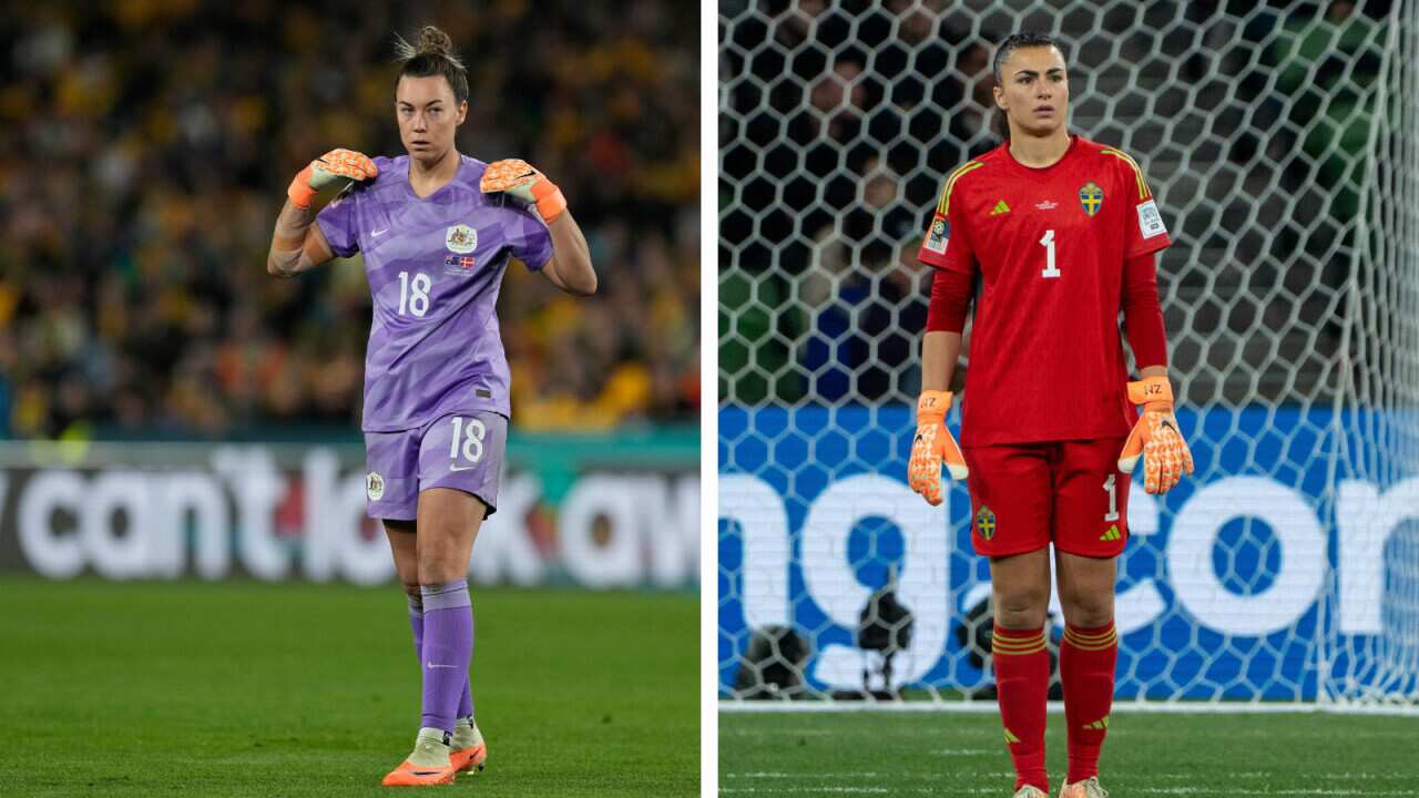 A composite image of a woman in a purple football uniform and gloves next to a woman in a red football uniform
