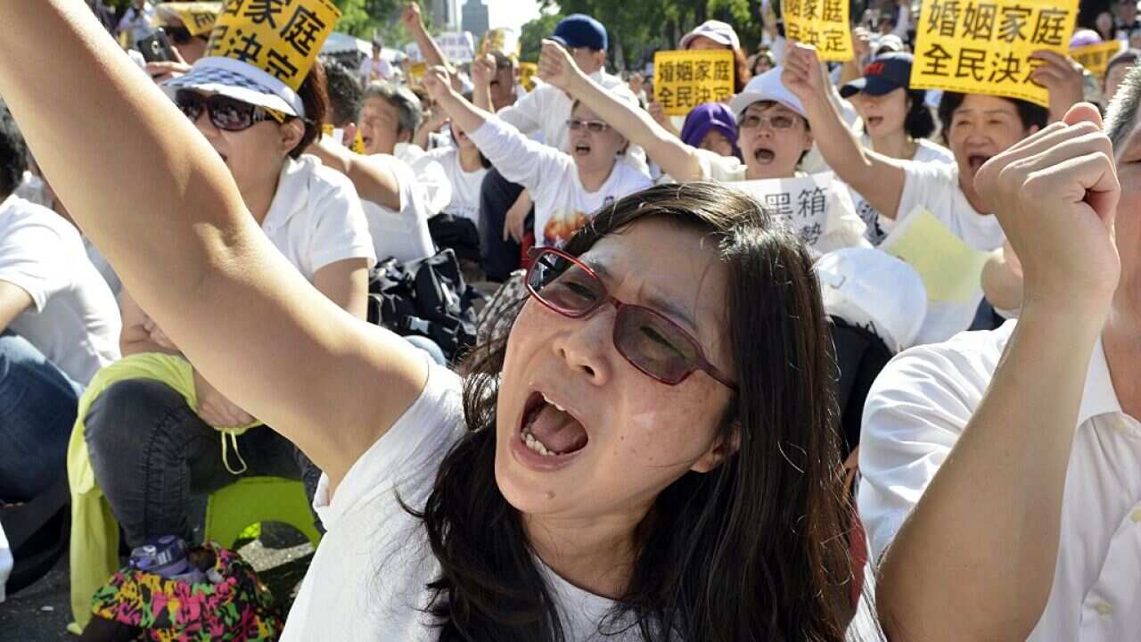 Demonstrators against same-sex marriage protesting outside the Parliament in Taipei