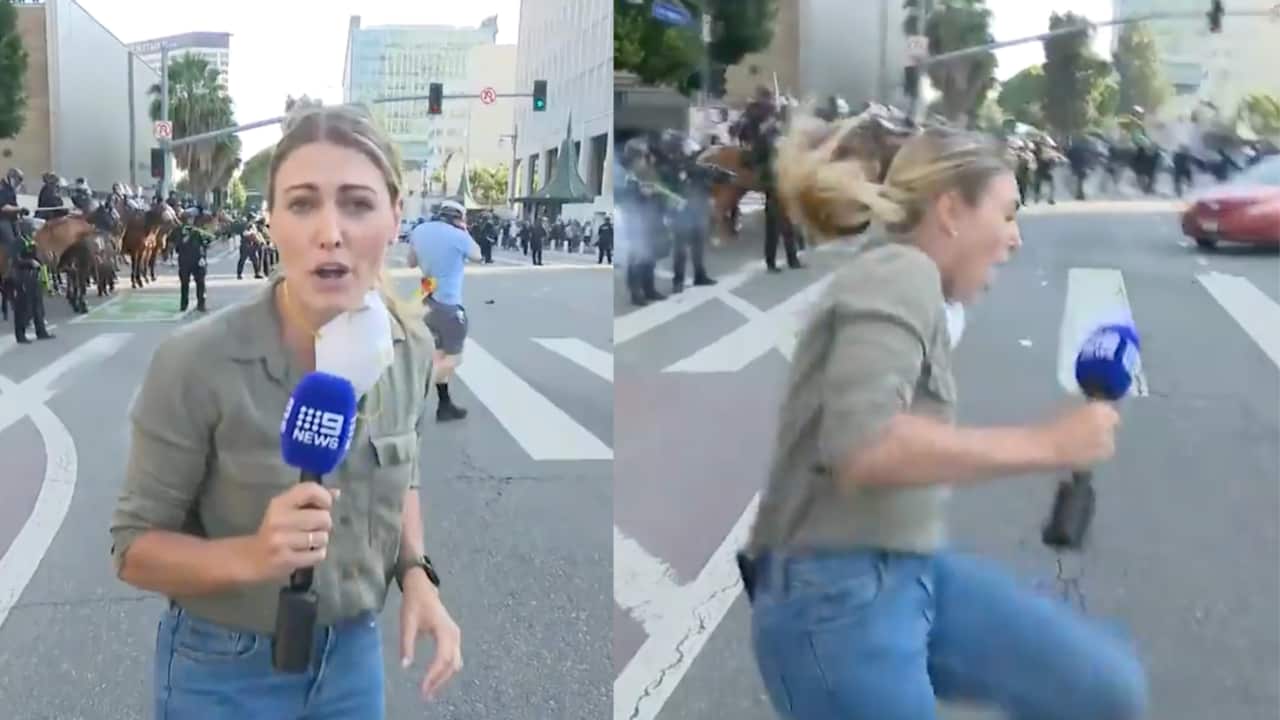 A before and after image of journalist holding a microphone being injured on the foot.
