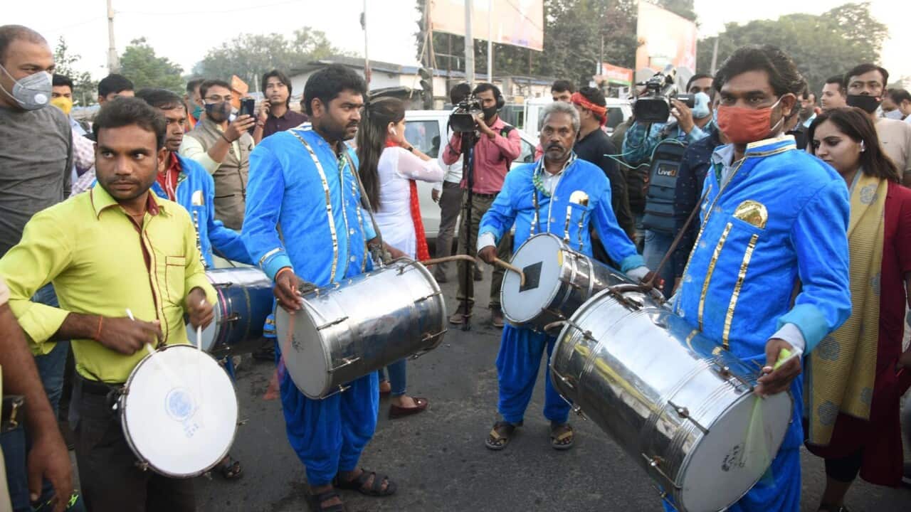 NDA supporters beating drums to celebrate party victory at BJP office in Patna