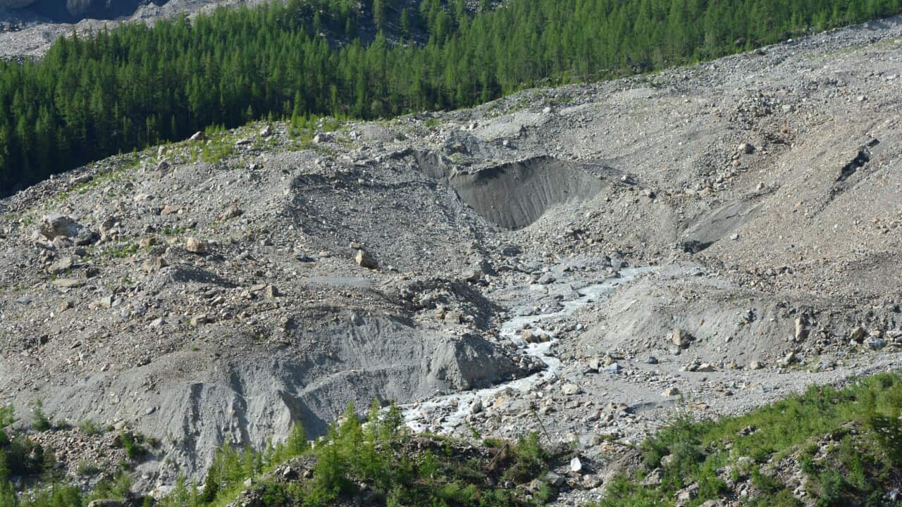 The debris-covered Miage Glacier