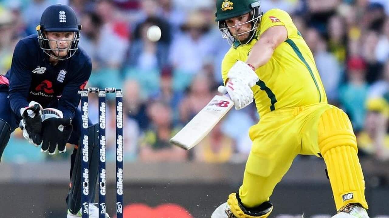 Aaron Finch batting for Australia against England.