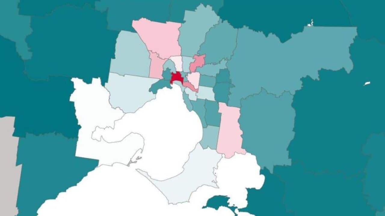 A map showing the coronavirus hotspots in Victoria as identified by the state's health department.