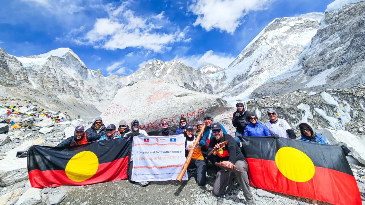 These Blak Trekkers hit Everest base. They played a didgeridoo to celebrate These Blak Trekkers hit Everest base. They played a didgeridoo to celebrate