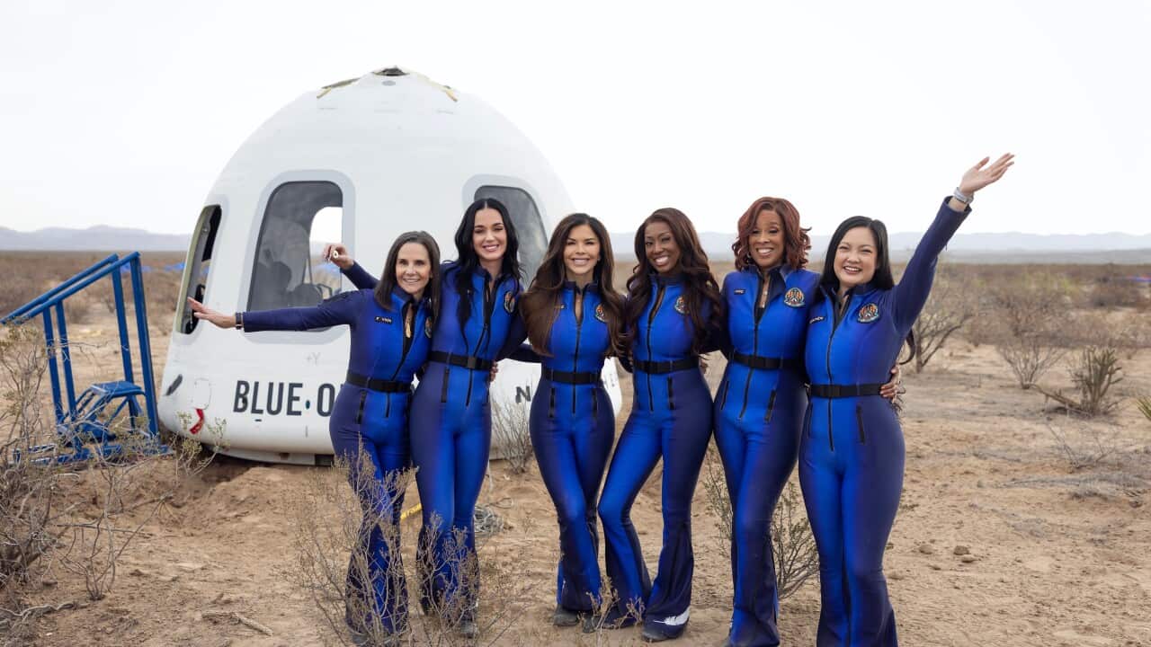 (L-R) Kerianne Flynn, Katy Perry, Lauren Sanchez, Aisha Bowe, Gayle King and Amanda Nguyen in front of Blue Origin New Shepard NS-31 rocket following a short mission into orbit after taking off from Launch Site One in Van Horn, Texas, USA, 14 April 2025.