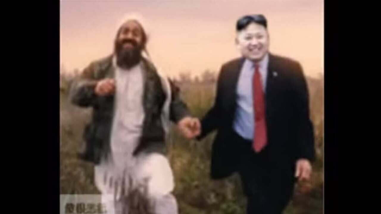 North Korean leader Kim Jong-un holds hands and skips with Osama Bin Laden in a spoof video. (Screenshot: YouTube)
