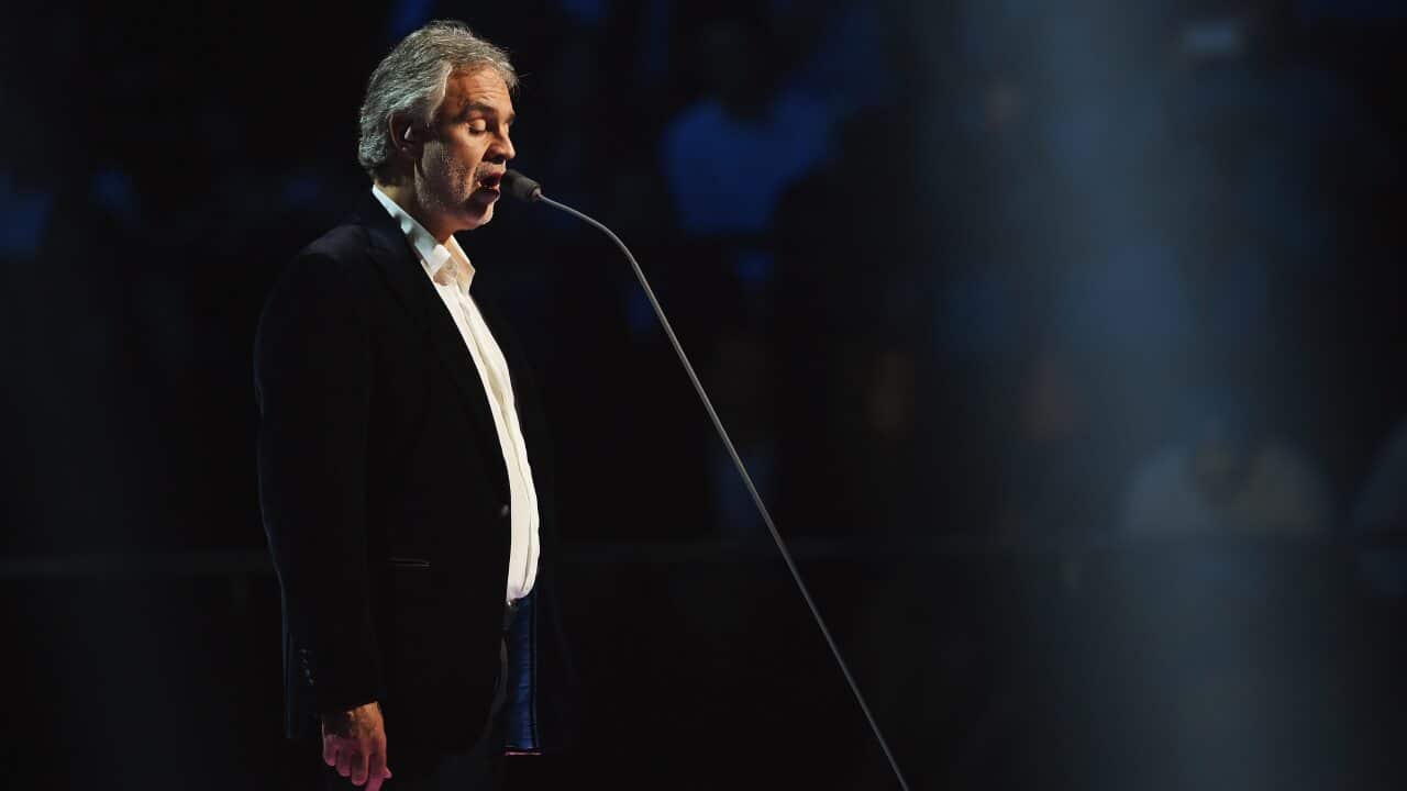 Andrea Bocelli performing.