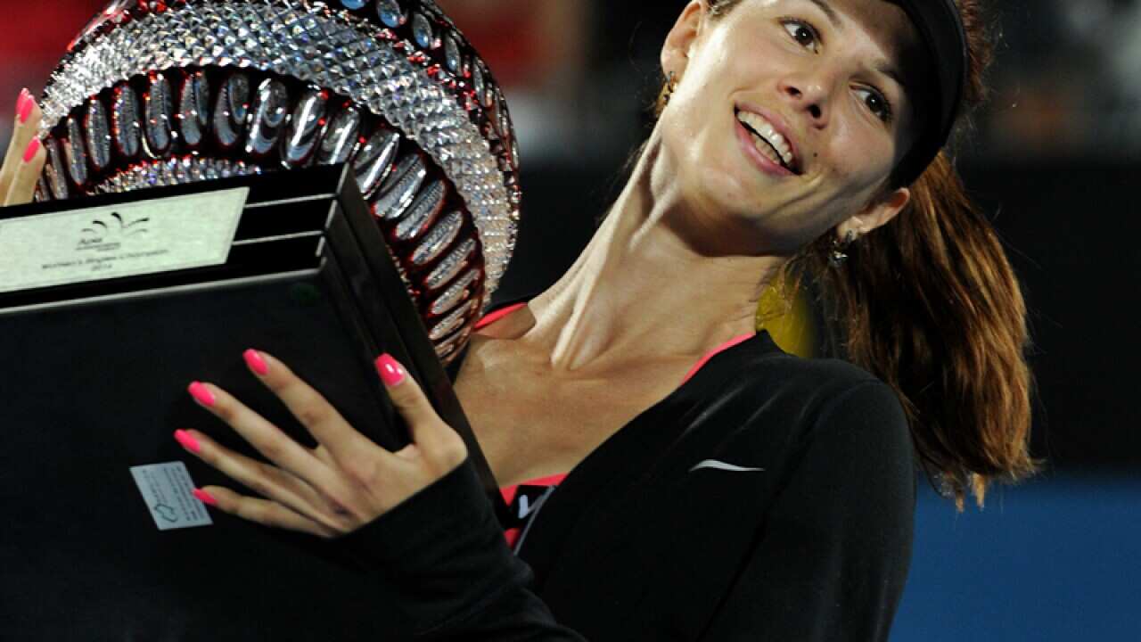 Tsvetana Pironkova of Bulgaria with the Sydney International trophy