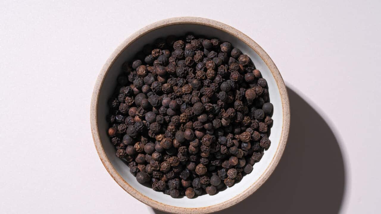 Whole Black Peppercorns in Ceramic Bowl