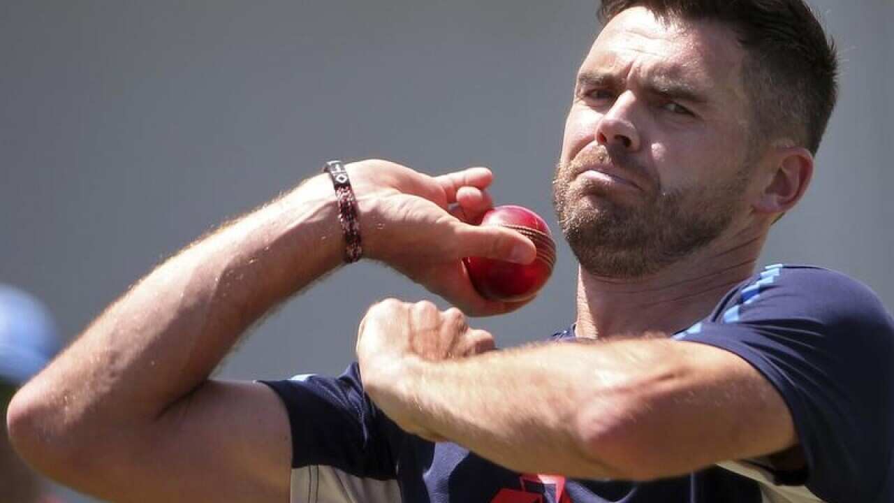 England's James Anderson bowls in the nets