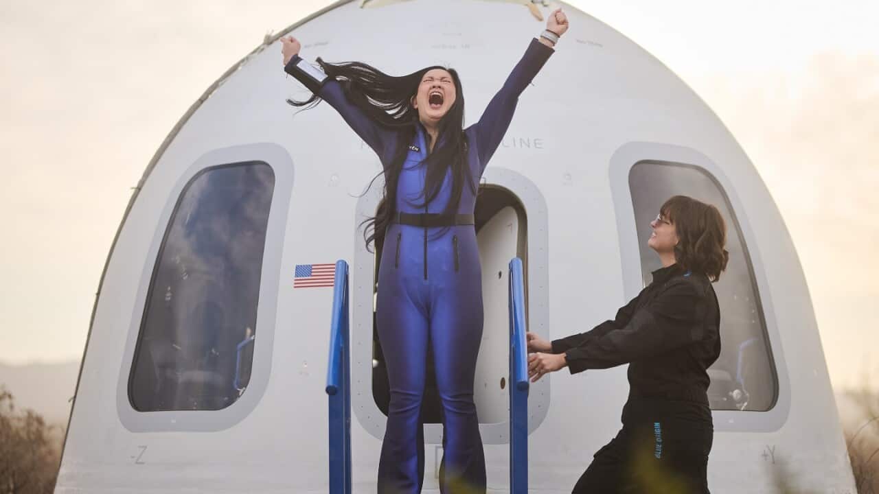 Amanda Nguyen a bioastronautics research scientist and activist, reacting as she exits Blue Origin. 14 April 2025