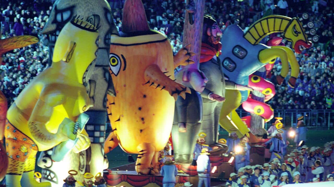 The Mambo figurines at the closing ceremony of the Olympics held at Homebush stadium. (AAP)
