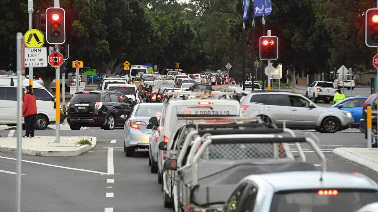 Long queues of cars are seen at a pop up Covid testing clinic at the Fairfield Showgrounds in Sydney