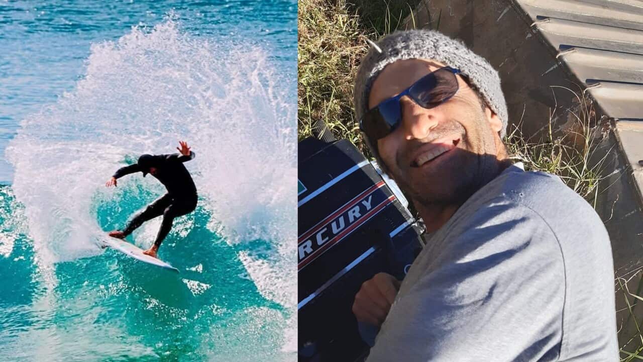 A split image of (left) and man on his surfboard and (right) a man wearing a grey beanie and black sunglassses posing next to an outboard motor with the word Mercury written on it.