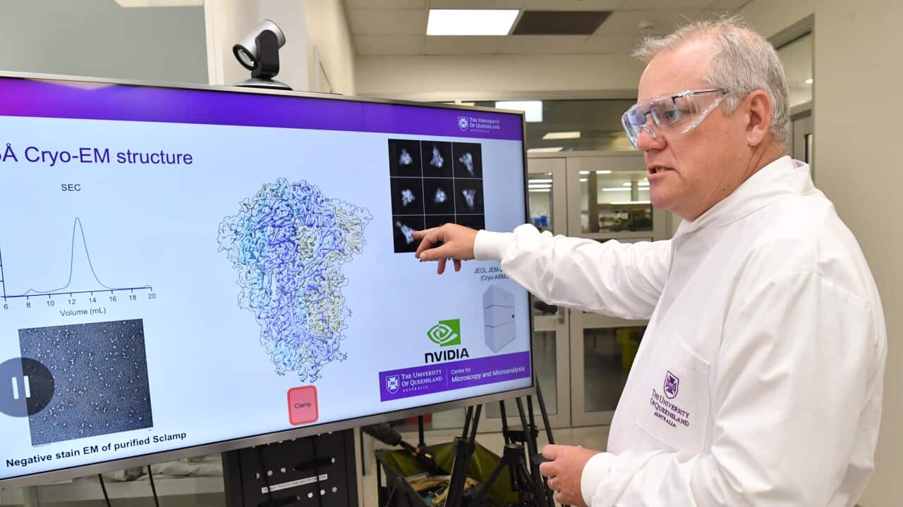 Prime Minister Scott Morrison is seen during a tour of the University of Queensland Vaccine Lab in Brisbane, Monday, October 12, 2020. 