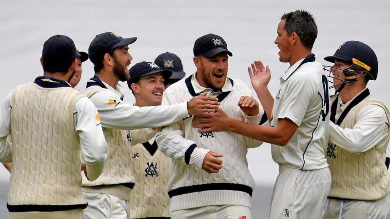 Aaron Finch (centre) of the Bushrangers congratulated by team-mates.