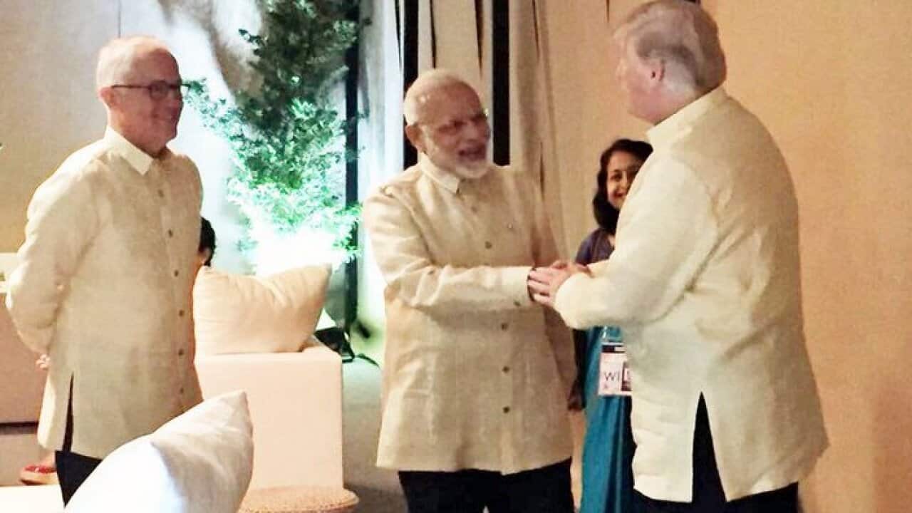 PM Turnbull, PM Modi and President Trump meet along the sidelines of the ASEAN summit in Manila.