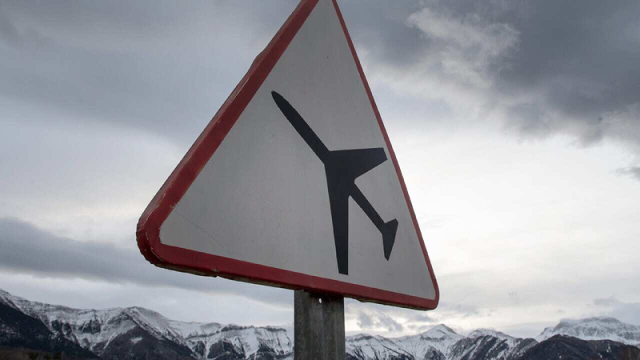 A sign warning of air traffic in Seyne Les Alpes, France.