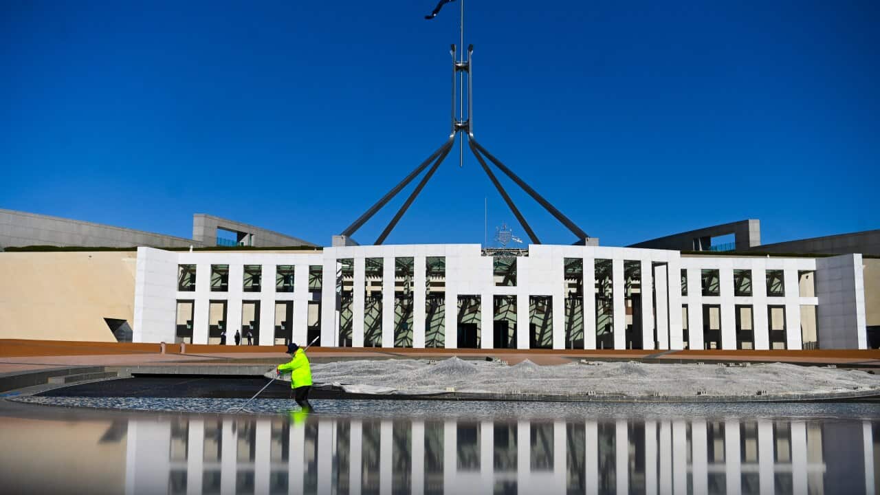 A general view of Parliament House in Canberra, Thursday, August 12, 2021. The Federal Parliament has been closed to the public and functioning with building access limited to essential business. (AAP Image/Lukas Coch) NO ARCHIVING
