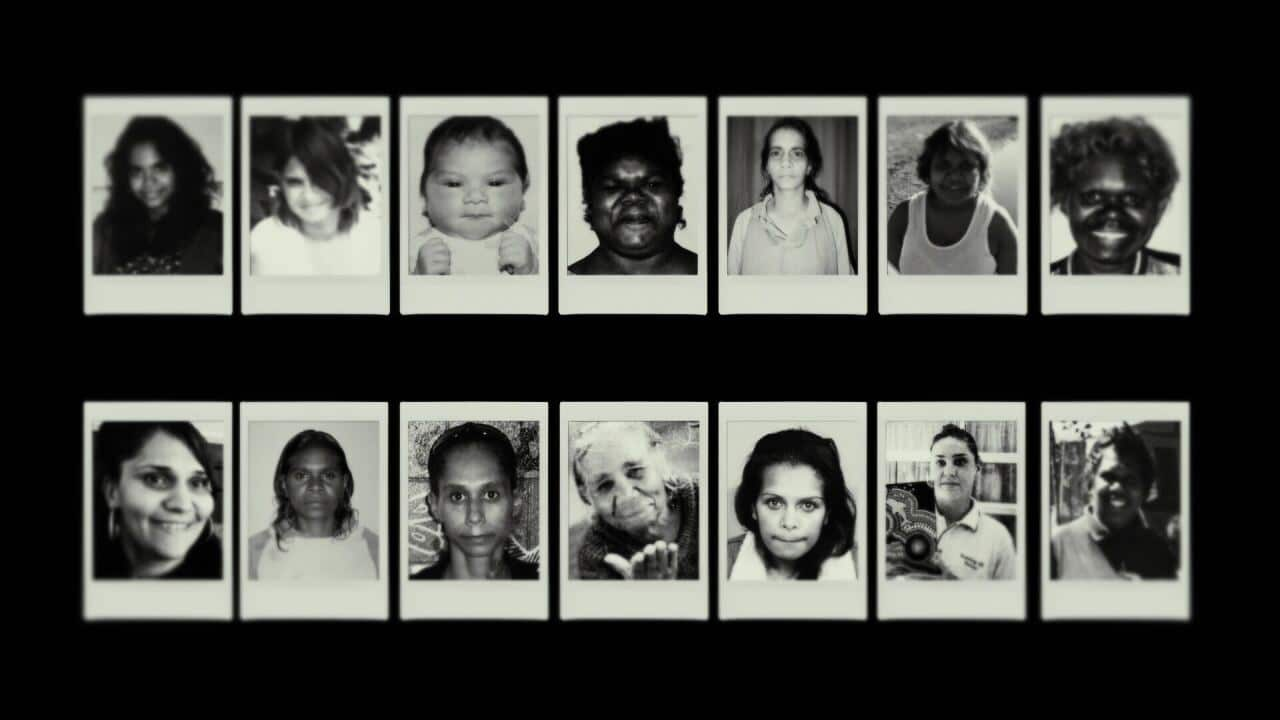 A black and white collage of female faces. 