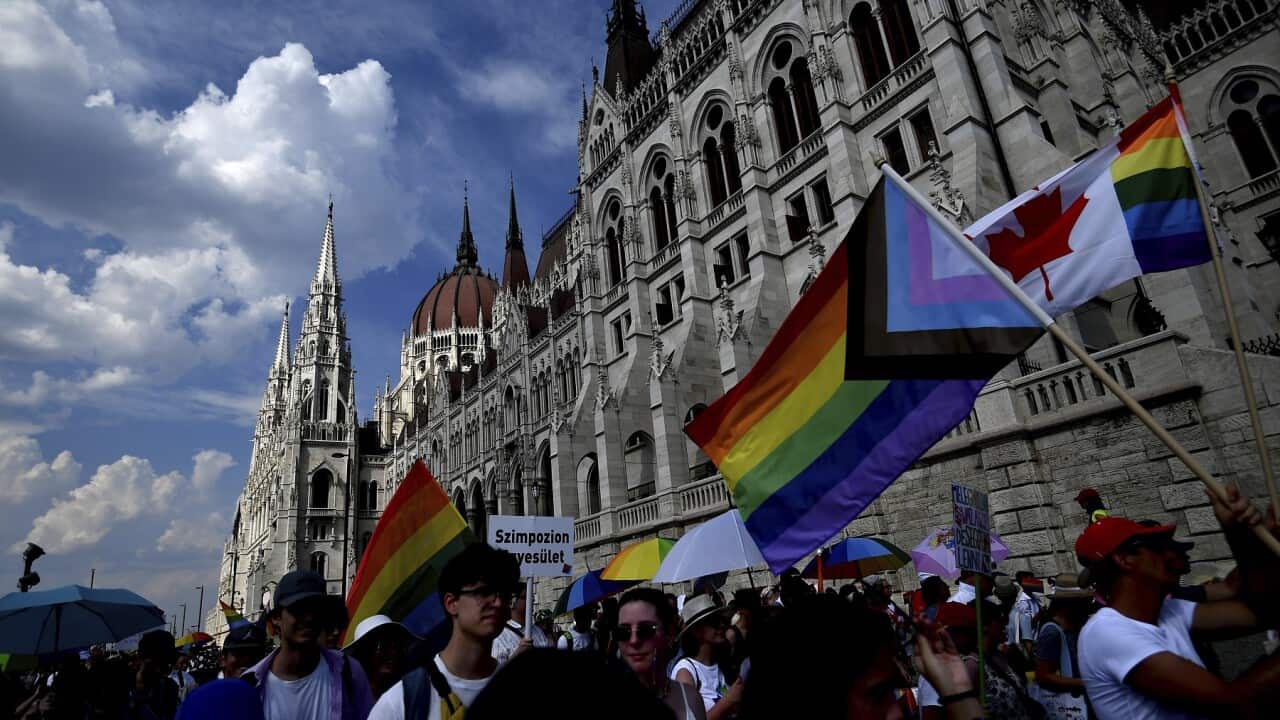 Members and supporters of Hungary's LGBTQ community march through Budapest (AAP)