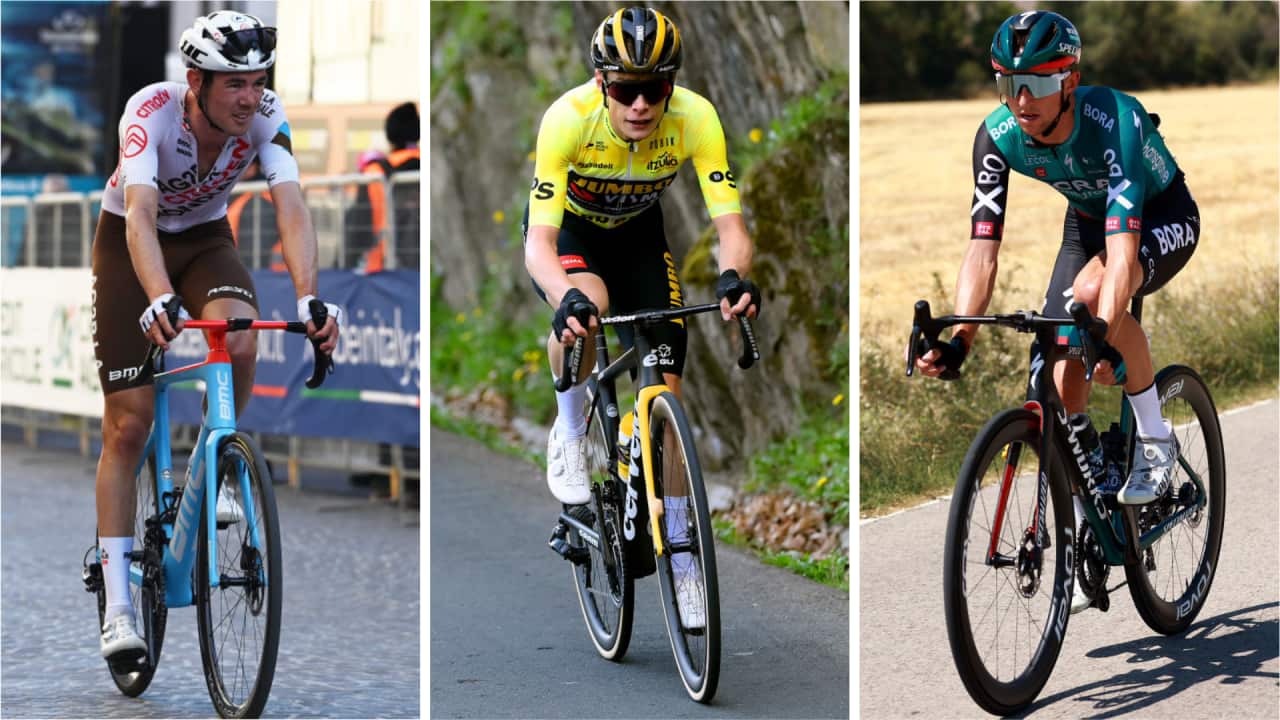 (L-R) Ben O'Connor of AG2R Citroen, Jonas Vingegaard of Jumbo-Visma, and Bora-Hansgrohe's Jai Hindley