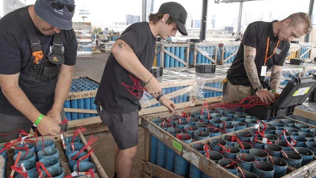 Fireworks for Melbourne's New Years Eve celebrations being prepared.