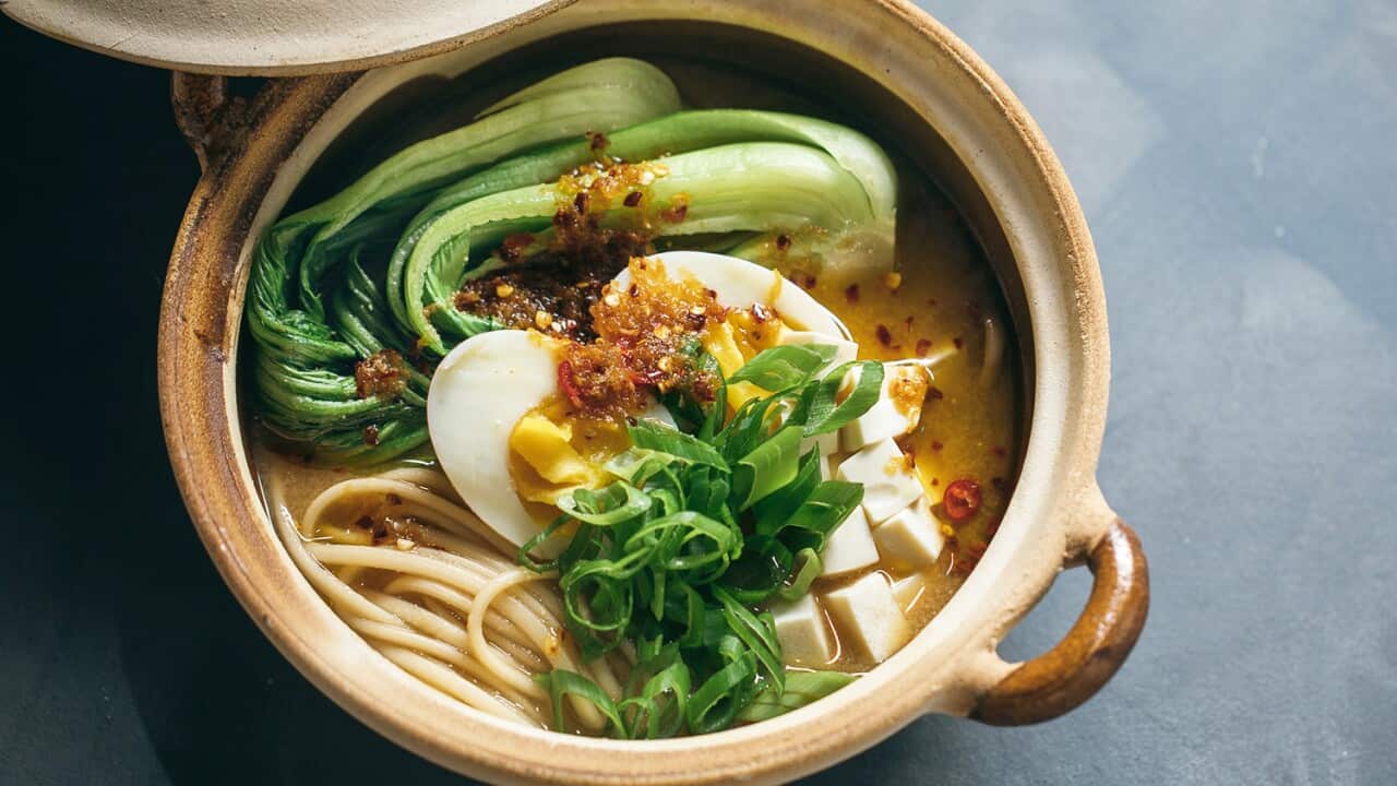 Udon with miso and Asian vegetables