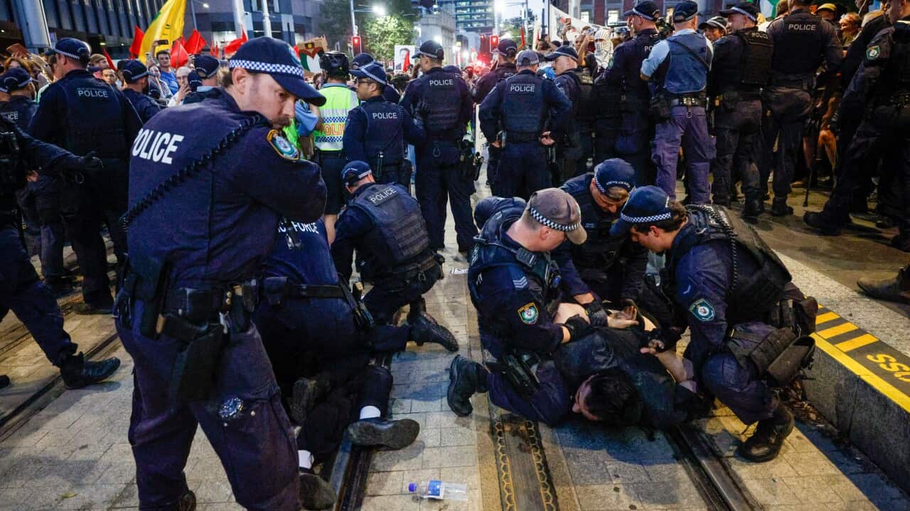 Police arresting protesters near Sydney's Town Hall.