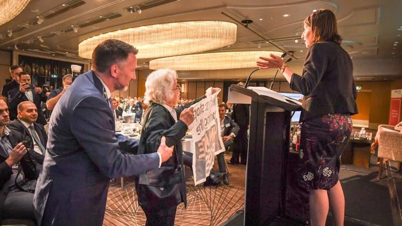 A climate protester interrupts NSW Premier Gladys Berejiklian
