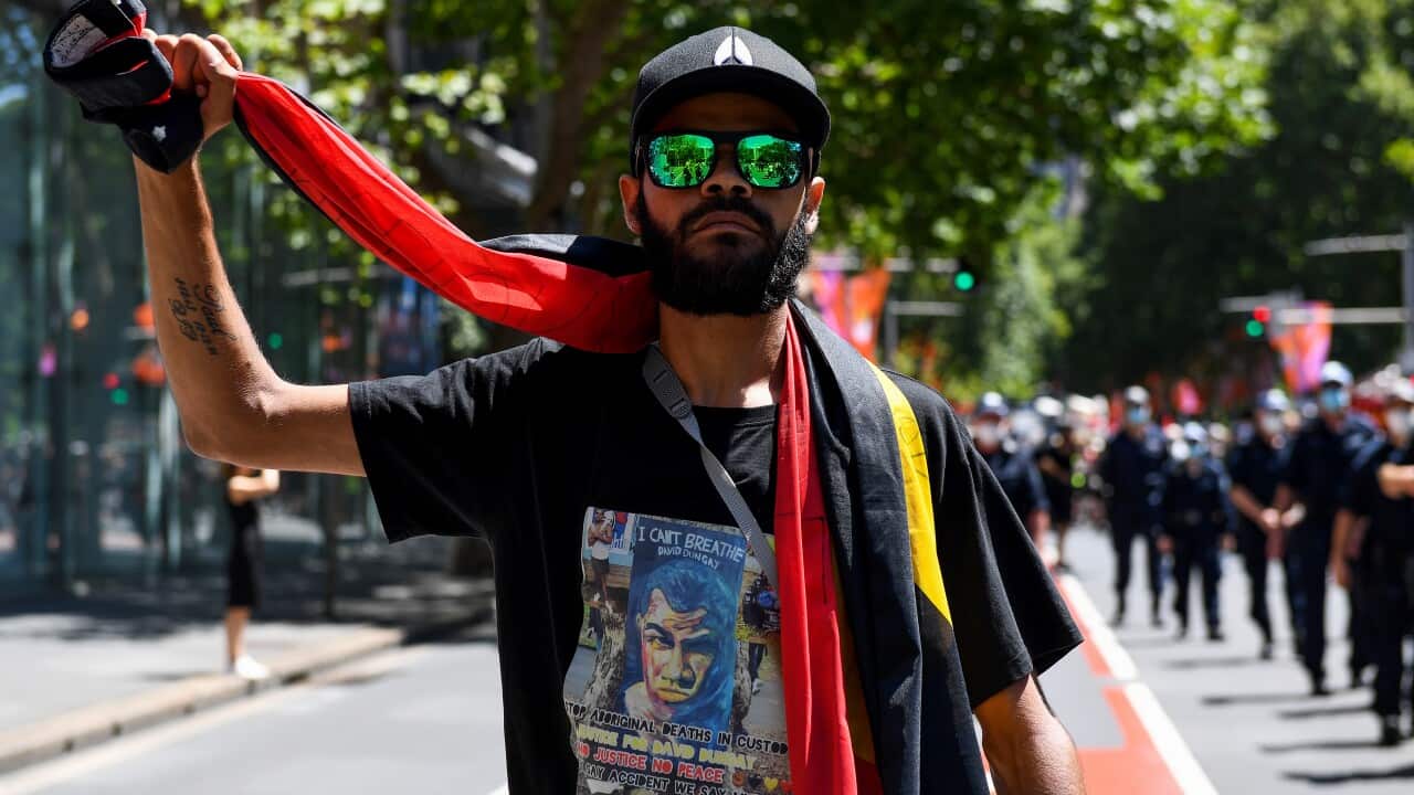 Paul Silva, a nephew of David Dungay Jr, is seen during an Invasion Day rally, in Sydney, Wednesday, January 26, 2022 (AAP Image/ NO ARCHIVING