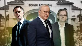 A graphic with Chris Minns, Anthony Albanese and Sussan Ley in the foreground, with the Bondi Pavilion memorial in the background.