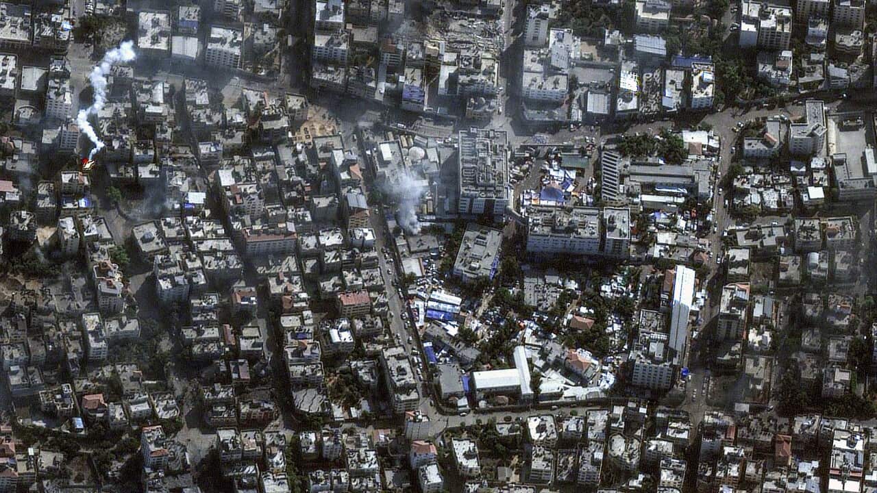Aerial image of smoke rising from Al-Shifa hospital and surroundings in Gaza City.