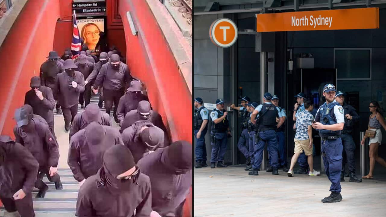 A split image. On the right is a group of balaclava-clad men walking up a stairway. On the right are police officers outside a train station.