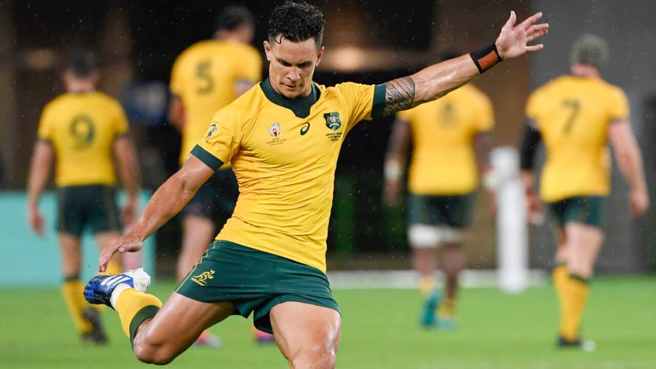 Matt Toomua of Australia kicks a conversion at the Rugby World Cu