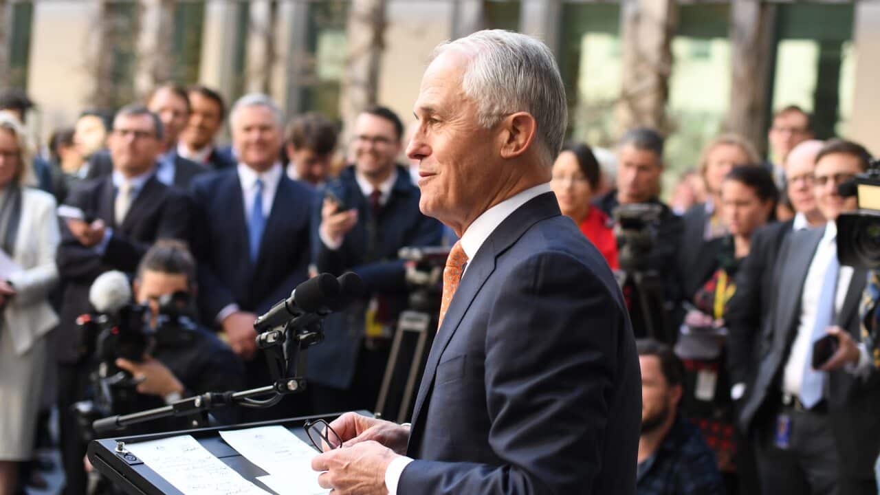 Former Australian Prime Minister Malcolm Turnbull conducts his farewell press conference at Parliament House in Canberra.