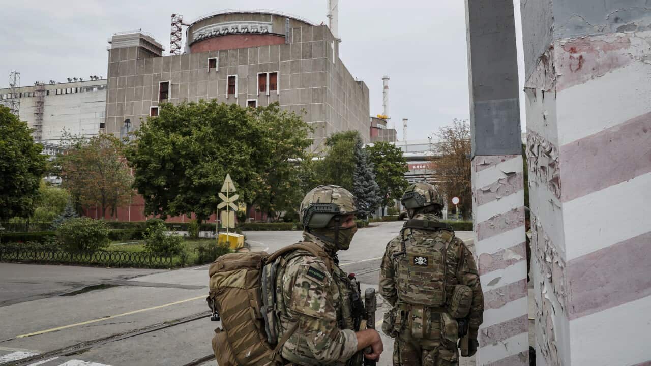 Russian servicemen guard on the territory of the Zaporizhzhia Nuclear Power Plant in Enerhodar, southeastern Ukraine on 1 September 2022.