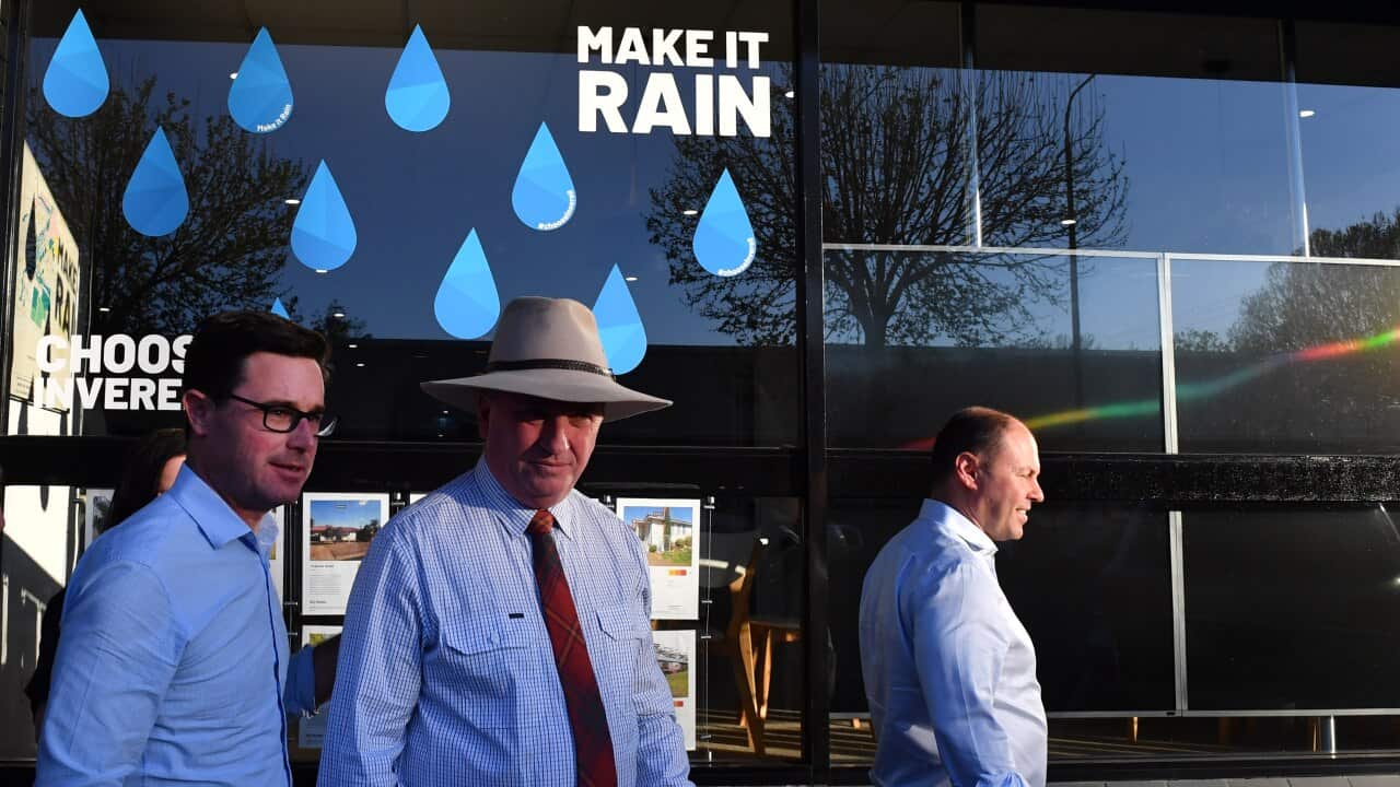 Minister for Water Resources David Littleproud, Nationals member for New England Barnaby Joyce and Treasurer Josh Frydenberg in Inverell.