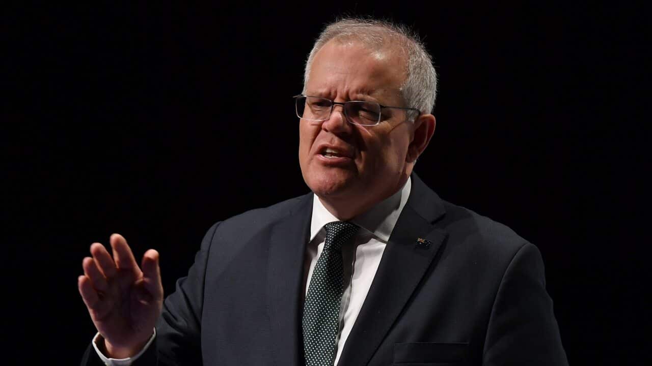 Prime Minister Scott Morrison addresses the Victorian Chamber of Commerce and Industry breakfast in Melbourne, Wednesday, November 10, 2021. (AAP Image/Joel Carrett) NO ARCHIVING